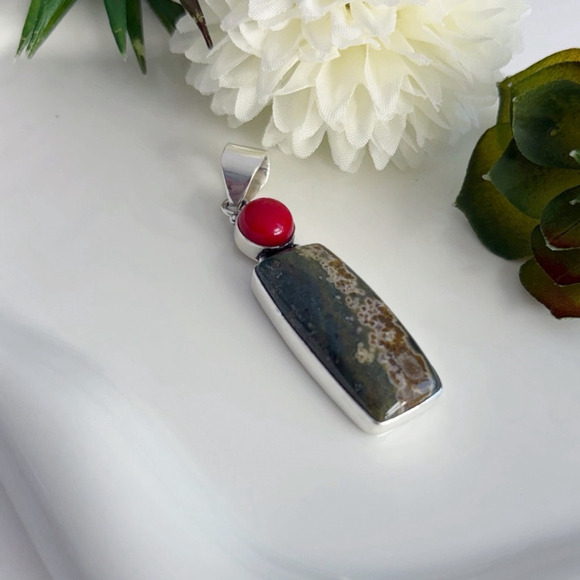 Jewelry Set Ocean Jasper Coral Pendant Coral Bracelet Sterling Silver 925 Filled - Picture 4 of 8